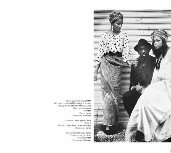 Planche éditoriale de mode en noir et blanc, imprimés africains — photographie de Claude Quéré